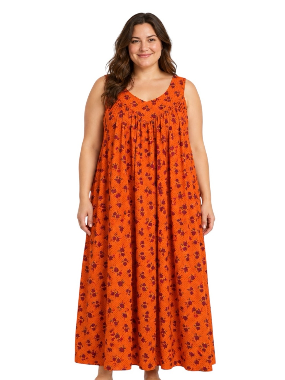 Advance Apparels Orange Rose Print Cotton Maxi Dress Free Size